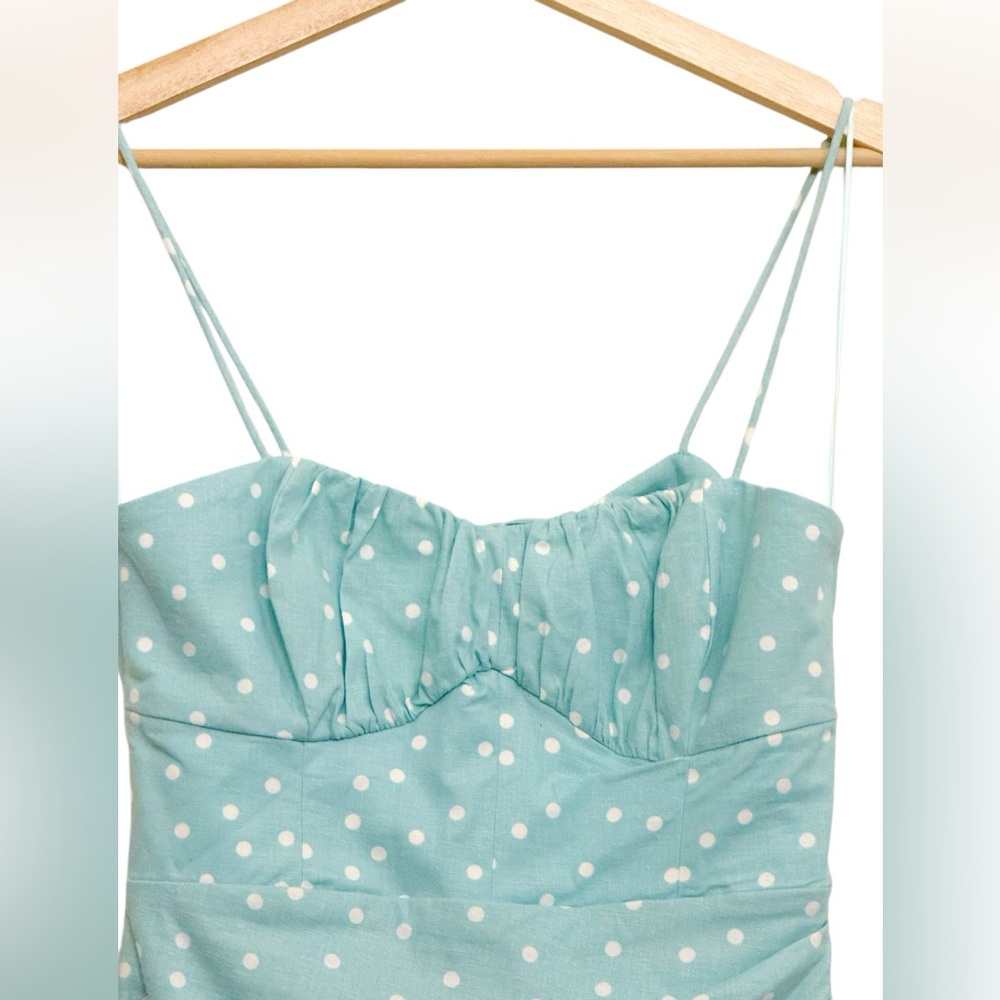 NWT Zara Linen Blend Polka Dot Midi Dress in Light Turquoise Size S - Picture 9 of 16